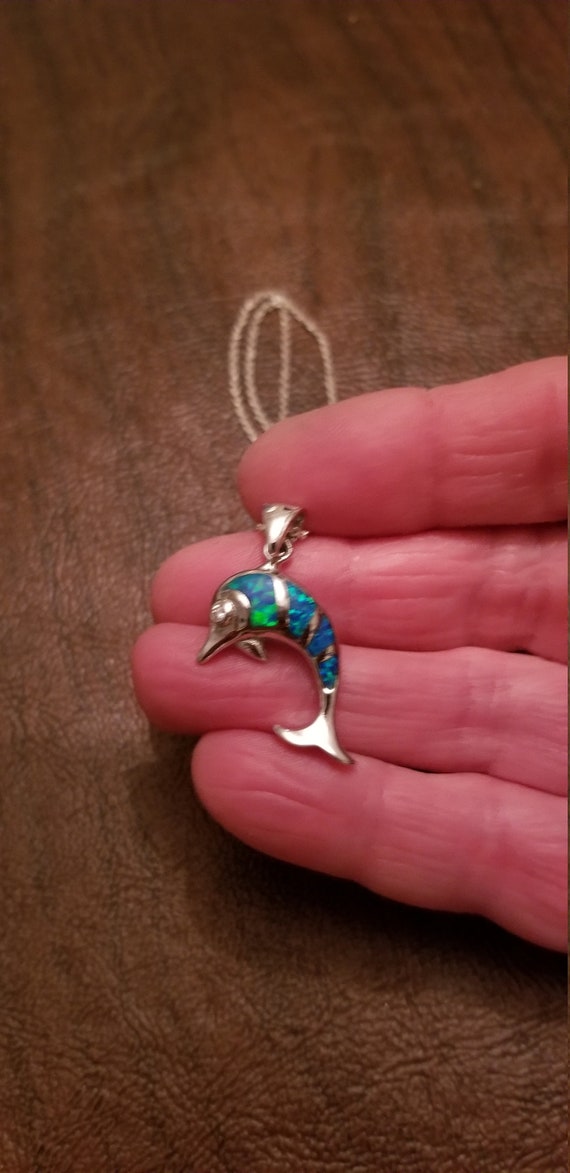 Pretty Sterling & Lab Created Opal Dolphin Neckla… - image 3