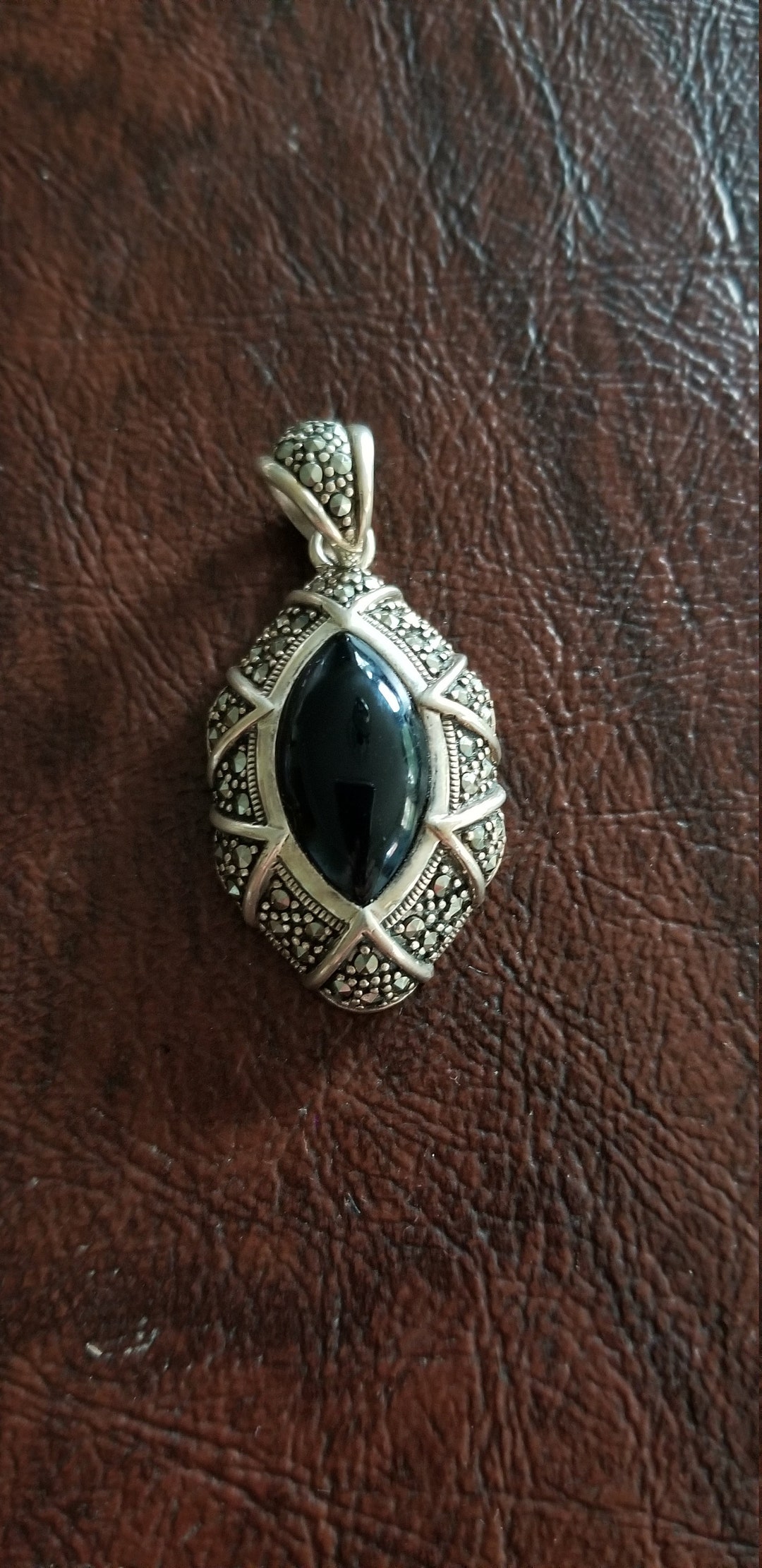 Beautiful Sterling Silver Marcasite and Onyx Pendant. - Etsy