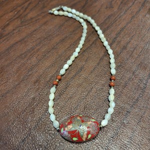 Vintage Cloisonne Butterfly Pendant on a Mother of Pearl Bead Necklace, 15.75 Inch MOP Bead Necklace with Cloisonne Enameled Butterfly