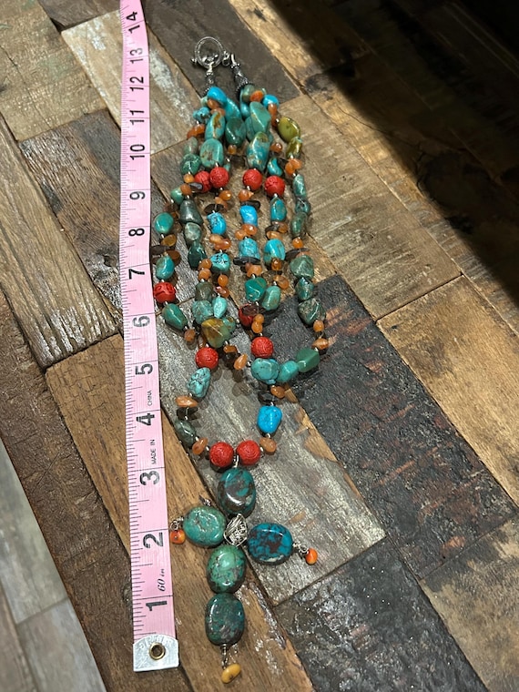 Turquoise? and other stones beaded 3 strand neckl… - image 6