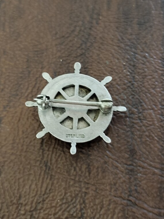 Antique Sterling Ship's Wheel Brooch with Handpai… - image 8