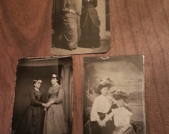 We're Not That Close:  Lot of 3 Antique Tintype Photographs of Women Holding Hands, But Not Facing the Camera