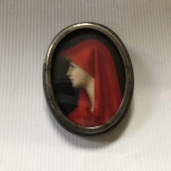 French antique vintage hand painted porcelain  Saint Fabiola  (Mary) 800 silver brooch/pin pendant