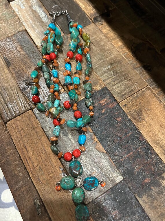 Turquoise? and other stones beaded 3 strand neckl… - image 2