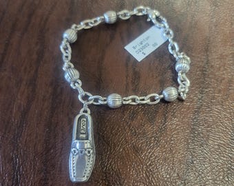 Vintage Retired Brighton "Love" Shoe Charm Bracelet, Silver-Plated Metal Bracelet with Loafer Charm, Signature Heart- Clasp, Late 90's GWP