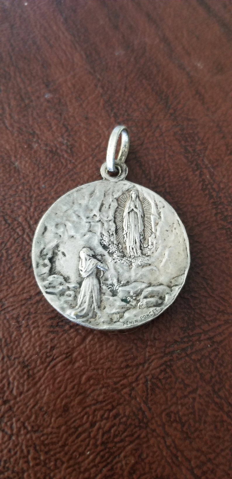 Vintage French Virgin Mary Medal by Penin Poncet, Larger Silver-plated ...