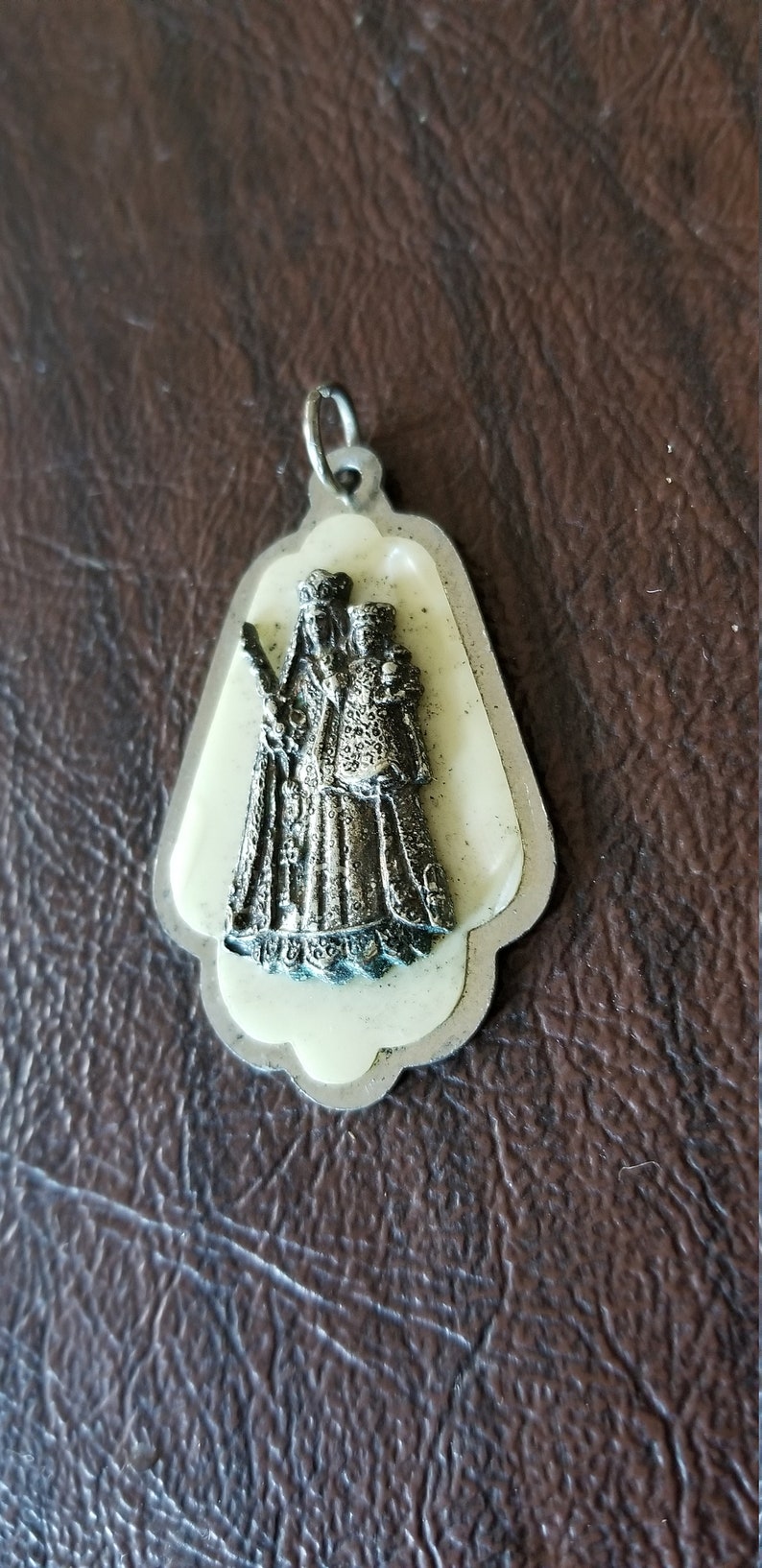 Vintage Italian Religious Medal Silver Metal and Celluloid Our Lady of Consolation MedalPendant