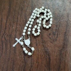 French Handheld Rosary with White Glass Beads, Vintage White Glass Bead Rosary, Light Metal (Aluminum?) Crucifix and Virgin Mary Connector