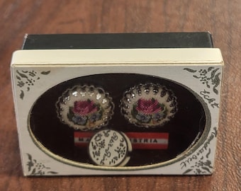 Vintage Petit Point Pierced Earrings in Original Box, Made in Austria, Silver-Tone Metal with Embroidered Flowers, Authentic Petit-Point