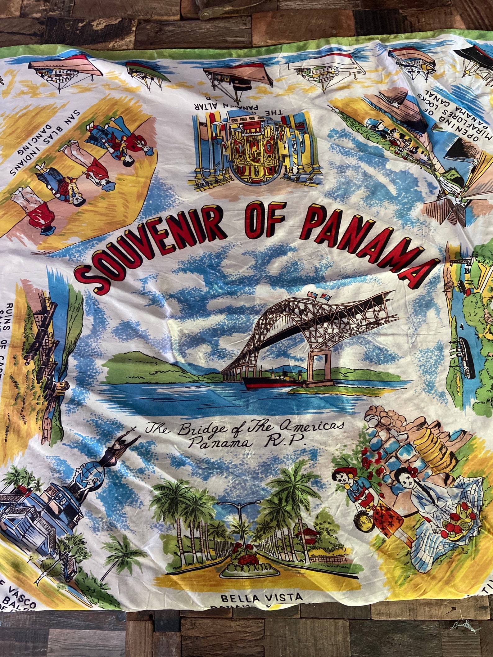 Large vintage souvenir of Panama silky scarf with ships Etsy