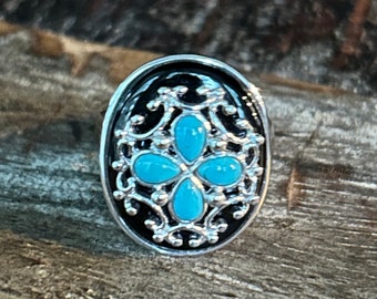 925 sterling silver statement ring with black and turquoise settings size 7