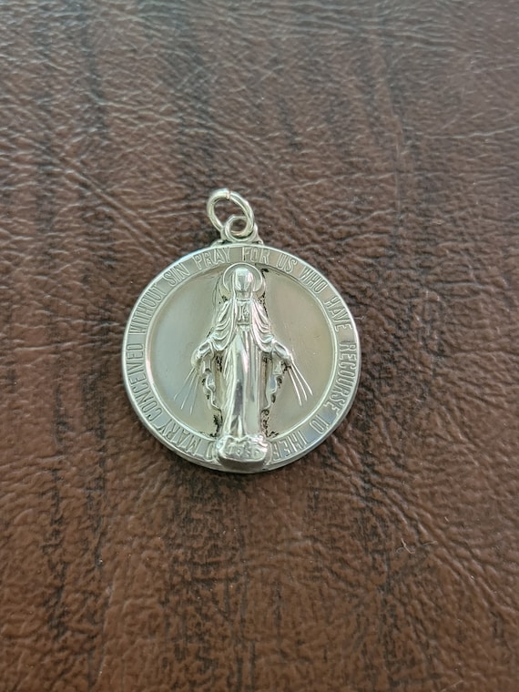 Hayward Sterling Silver Miraculous Medal, Vintage Virgin Mary Medal, Round Miraculous Medal