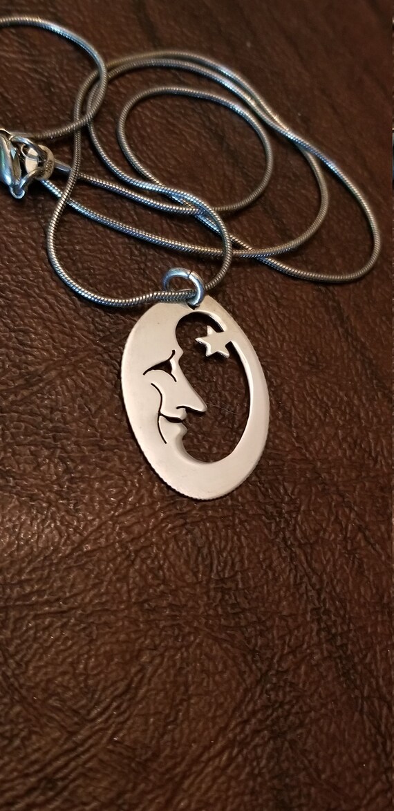 Sterling Silver Crescent Moon Face and Star Penda… - image 3