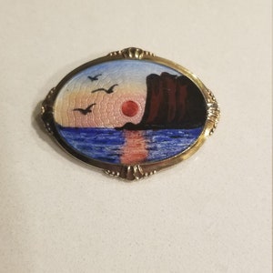 Gorgeous, Vintage Norwegian Guilloche Brooch, Signed Gilt Sterling Silver Sunset and Cliff Scene, ANA Norway Enameled Picture Brooch