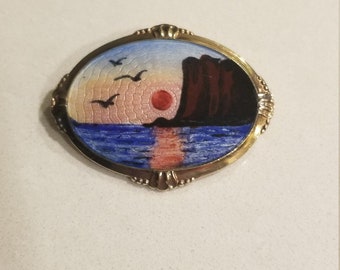 Gorgeous, Vintage Norwegian Guilloche Brooch, Signed Gilt Sterling Silver Sunset and Cliff Scene, ANA Norway Enameled Picture Brooch