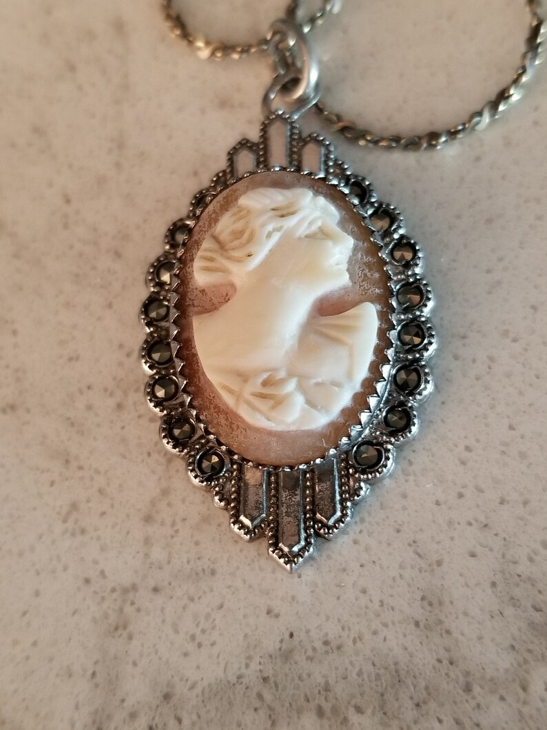 Art Deco Style Cameo Vintage Sterling Silver and Marcasite Cameo Necklace