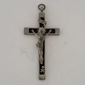 Medium Sized Vintage Pectoral Crucifix With Skull & Crossbones, Crucifix With Nice Details, Ebony Inlay, Silver-Tone Metal Golgotha Crucifix