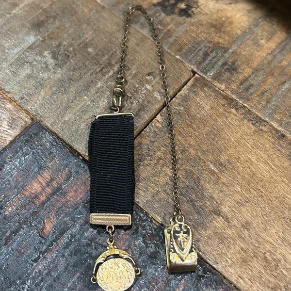 Antique Victorian vest pocket watch fob, rosy gold colored chain, clip and fob with black ribbon monogrammed and dated 25/11/13