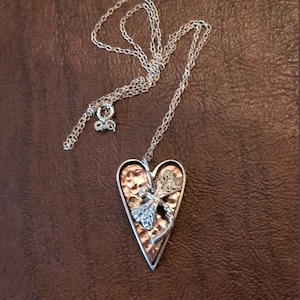 Unique Mexican Sterling Silver Dragonfly and Heart Necklace, Sterling Heart with  Interior Copper Colored Heart & Dragonfly, 17.5 In. Chain