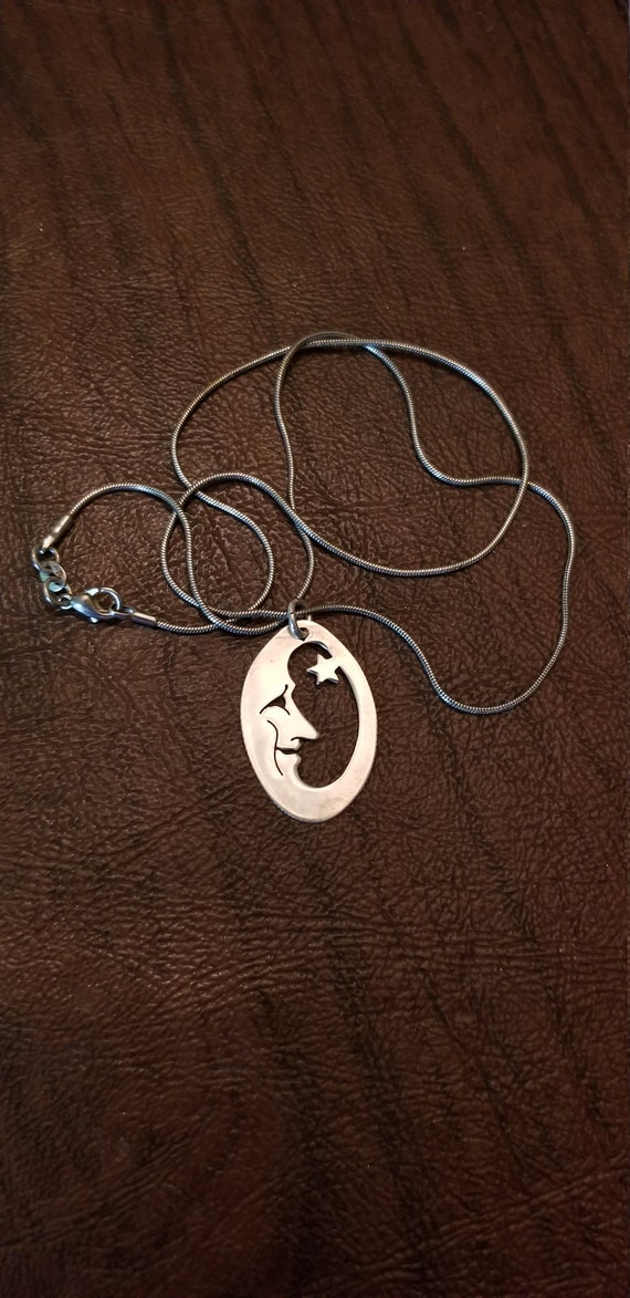 Sterling Silver Crescent Moon Face and Star Penda… - image 1
