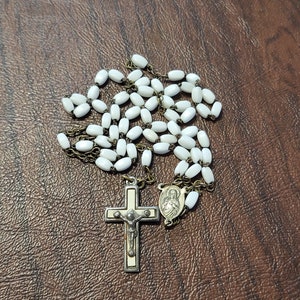 French Rosary with White Glass Beads, Vintage White Glass Bead Rosary, Celluloid? Inlay Crucifix and Sacred Heart of Jesus Connector