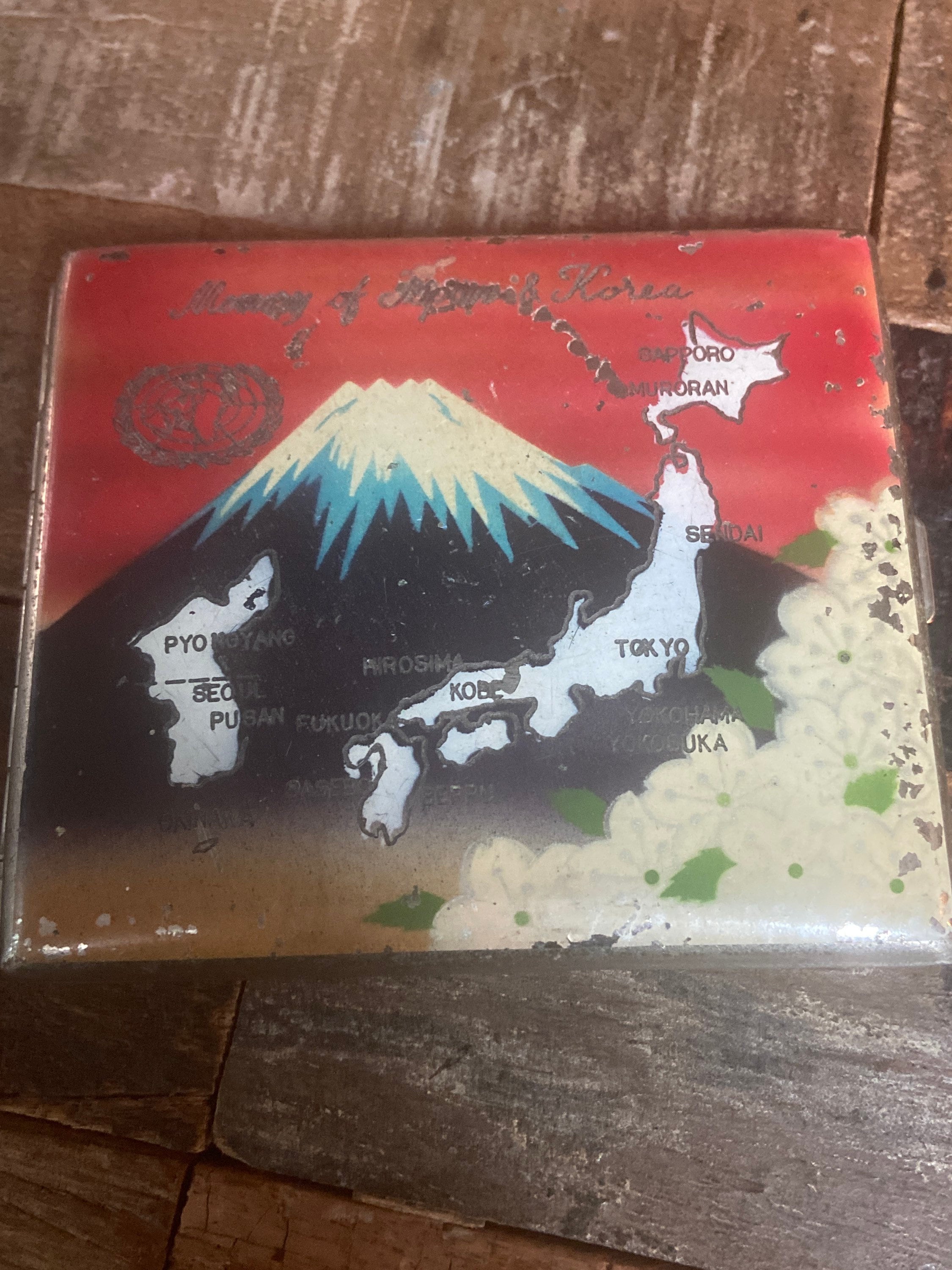 memory of japan cigarette case Vintage Red Enamel Memory of Japan and Korea Souvenir Cigarette Case With  Maps, Major Cities, Mt Fuji, Flowers and United Nations Symbol