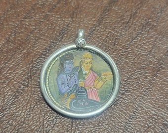 Vintage Hindu Diety Pendant, Sterling Silver & Painted Paper/Card Pendant of Shiva and Parvati, Pendant Made in India