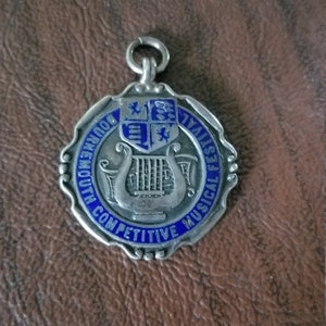 Vintage British Sterling Silver and Enameled Music Festival Medal/Pendant/Fob, Hallmarked 1927 Music Competition Fob, Bournemouth, England
