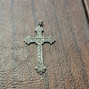 Vintage Sterling Silver and Marcasite Cross, Beautiful, Ornate Cross Pendant with Inlaid Marcasite Stones