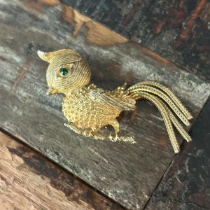 May include: A gold-tone bird brooch with a green rhinestone eye. The bird has a long, flowing tail made of gold wire.