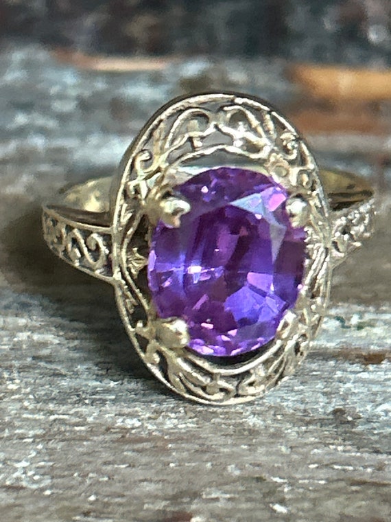 10K gold filigree and oval faceted amethyst ring … - image 7