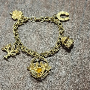 Signed Coro Charm Bracelet, Vintage Gold-Tone with 5 Charms, Costume Jewelry Bracelet, November Birthday, Wishing Well, Horseshoe Charms