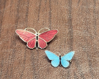 Pair of Guilloche Butterfly Pins/Brooches, Vintage Gold-Toned Metal and Enameled Figural Butterfly Scatter Pins, 1 Red and 1 Blue Butterfly