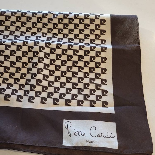 Vintage Pierre Cardin Logo Scarf Made in France, Square Scarf with Chocolate Brown Border/Logos, Signed "Pierre Cardin Paris" Designer Scarf