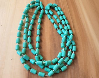 Vintage Green Glass Bead Necklace, 63 Inch Strand of Hand Knotted Matte Green Barrel Beads, Unique Glass Bead Necklace