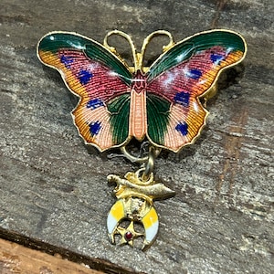 Shriner’s gold tone and enamel colorful butterfly brooch with dangle charm, Masonic/Shriner themed pin