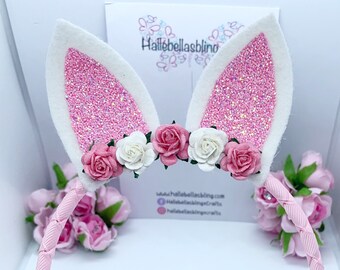 bunny ears, spring bunny headband ears, bows on headband, Alice band, Easter hair accessories,