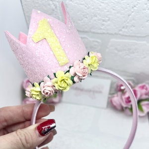 birthday crown, crown on Aliceband, party hat, 1st birthday crown, 1st birthday  gift ideas, crowns for girls, lemon and pink