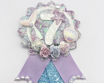 Mermaid Birthday badge, birthday Rosette, glitter birthday badge,  birthday photo props, party props, Photo props, any age available