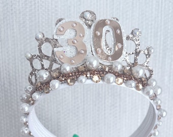 30th Birthday Tiara: Pearl & Gem Crown Headband