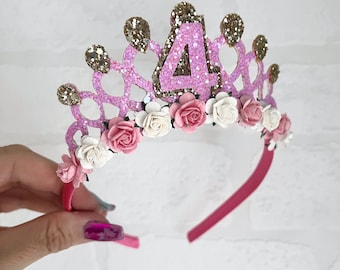 Birthday tiara crown, pink and gold Princess birthday crown tiara, fairy tiara Alice band headband, party props, girl gifts