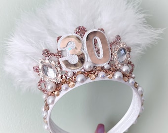 Feather Birthday Tiara, Pearl Gem Crown, 30th Birthday