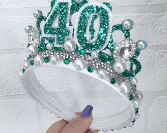 Green Glitter Birthday Tiara Crown: Pearl & Gem Headband