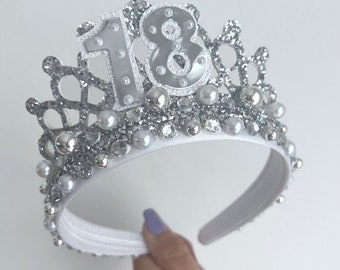 18th Birthday Tiara: Silver Glitter Crown with Pearls & Gems