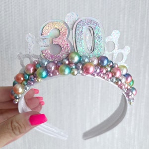 Birthday crown tiara, pastel rainbow 21st 30th or any other age tiara Alice band headband, party props, girl gifts