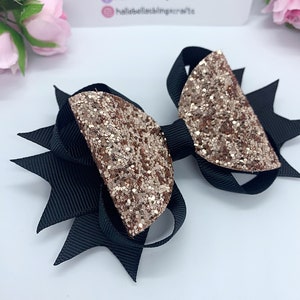 Glitter Ribbon Hair Bow: Black & Gold Princess Bow (4.5 inch)