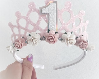 Baby Pink Birthday Tiara: Handmade Princess Crown, Floral Headband