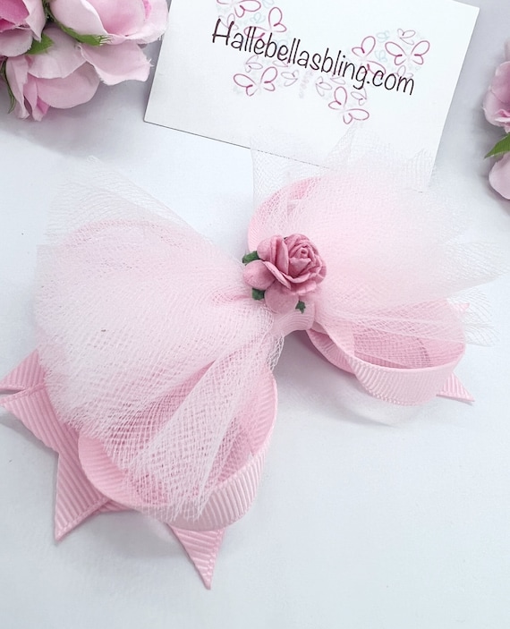 Lazo para el cabello de tul rosa bebé: lazo de cinta de grogrén de
