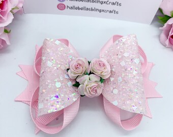 Baby Pink Glitter Hair Bow with Roses: Alligator Clip or Bobble