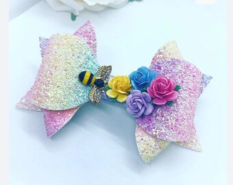 Bumble Bee Flower Hair Bow: Pastel Rainbow Glitter Clip